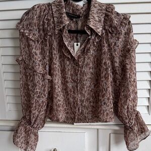 Olive & Oak Taupe Leopard Ruffle Button-Front Blouse